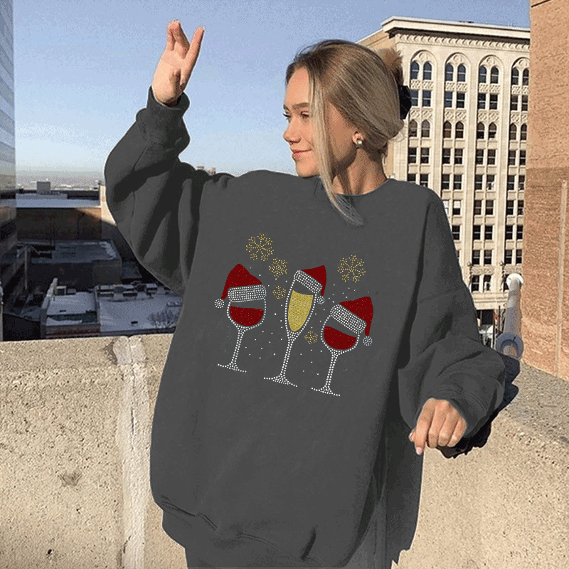 New women's with European size wine glass print round neck shoulder down sweatshirt dongdumaoyi