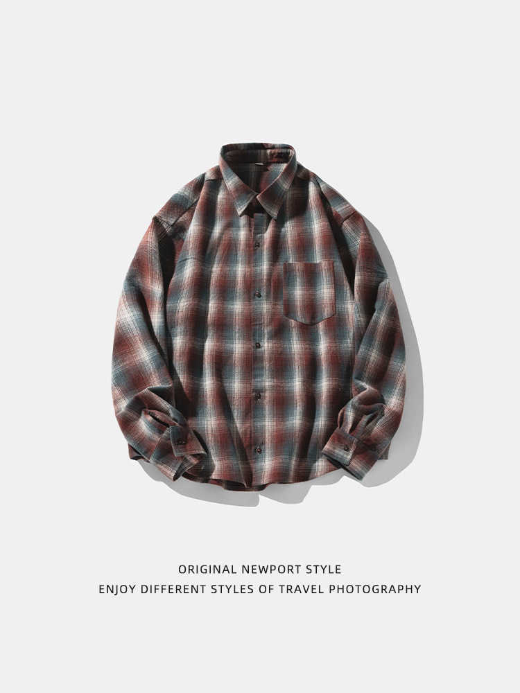 Vintage plaid shirt for men new fall lapel sticker bag design couple loose long-sleeved shirt coat for women Q240826