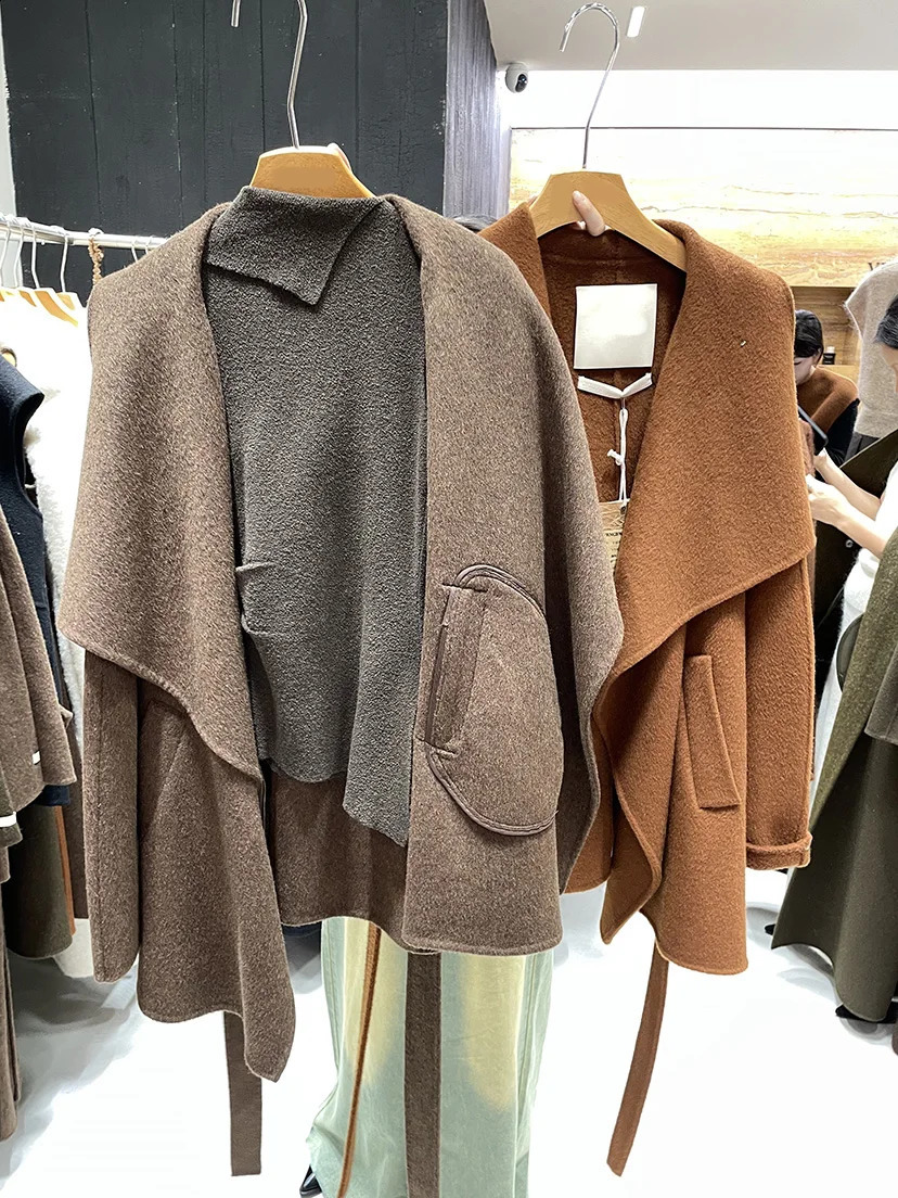 GkyocQ Korean Fashion Women Coat Wool Blends Lapel Collar Long Sleeve Waist Slim Belt Elegant All Match Female Coats Jacket 240826