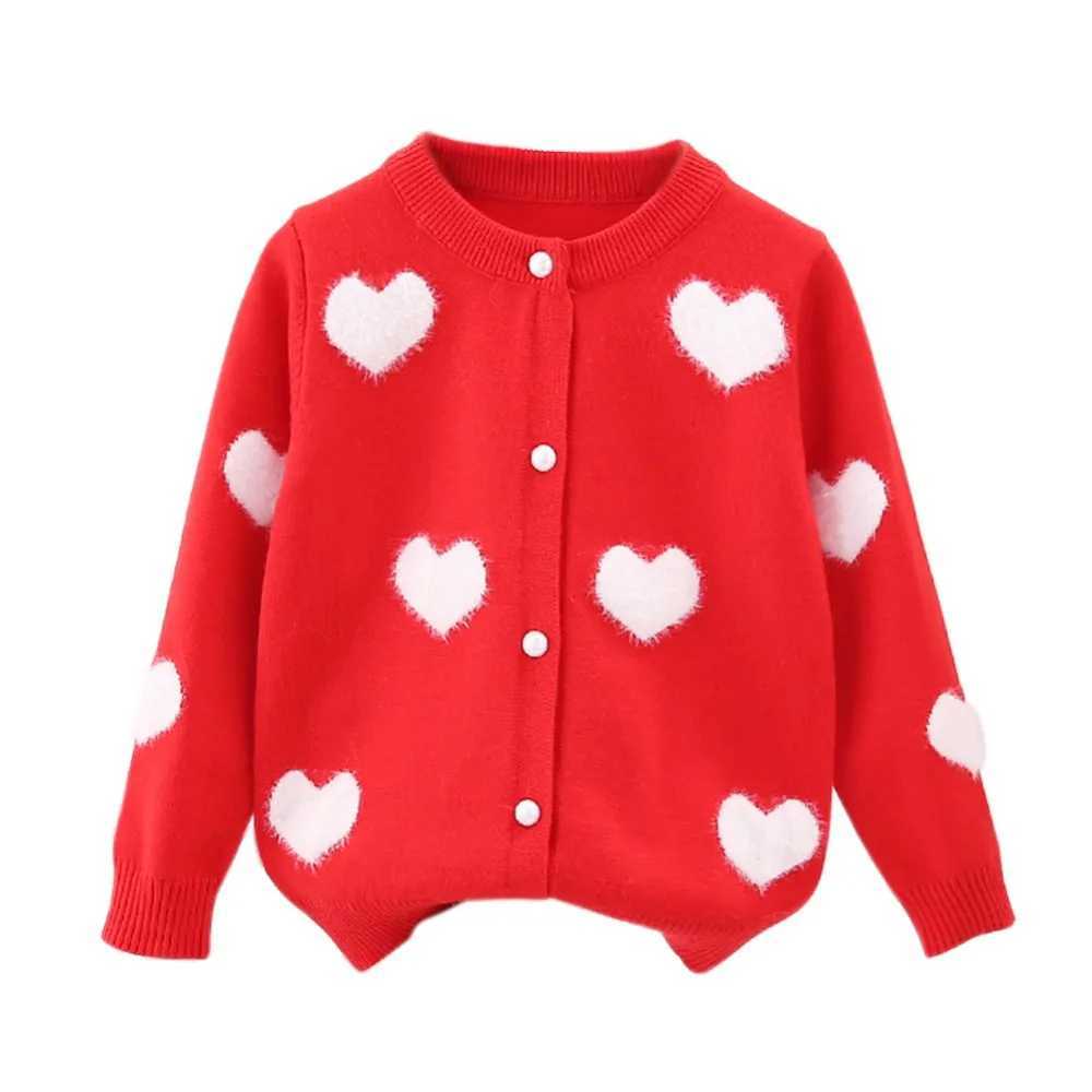 Girls heart-shaped printed round neck sweater cardigan childrens plush knitted long sleeved cardigan jacket girls clothingW240824
