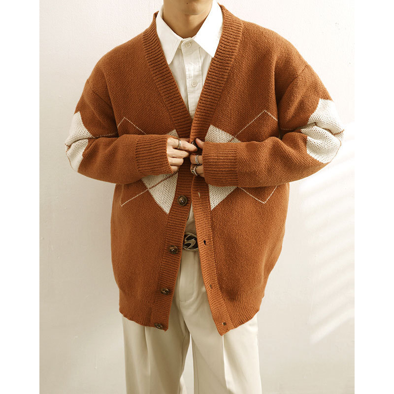 Korean Version New Loose Knitted Jacket Autumn and Winter Mens High-end and Stylish Design Diamond Grid Sweater Cardigan Mens