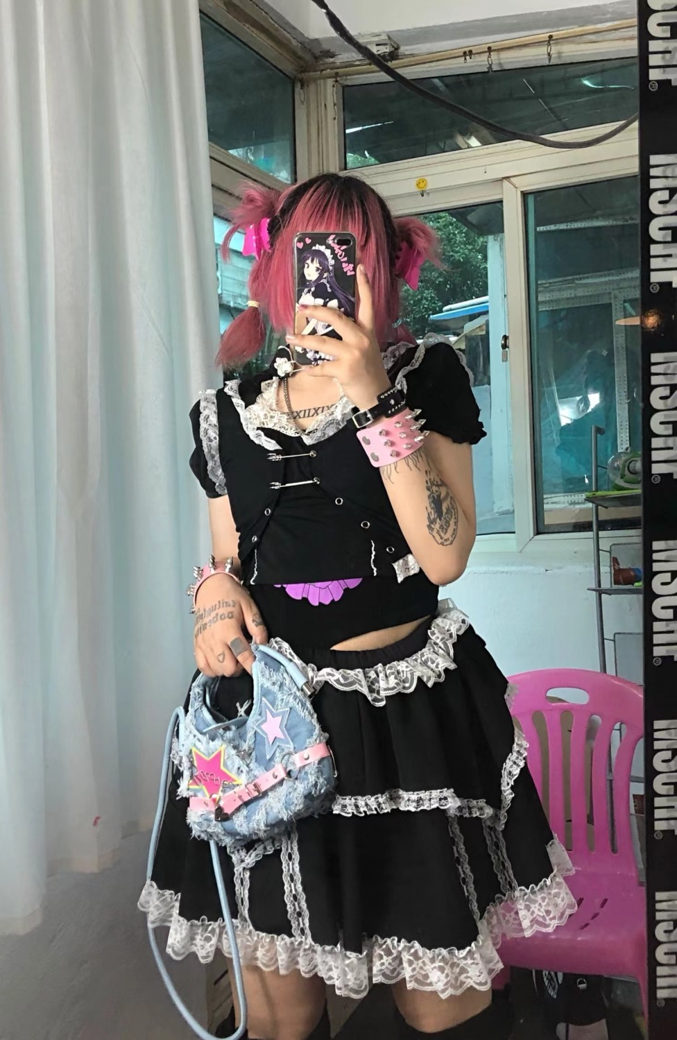 Y2K Millennium Sexy Girl Style Shoulder Bag In Pink Star & Punk Handbag, Ladies Street Fashionable Light Blue Destroyed Shoulder/Crossbody Bag, Trendy
