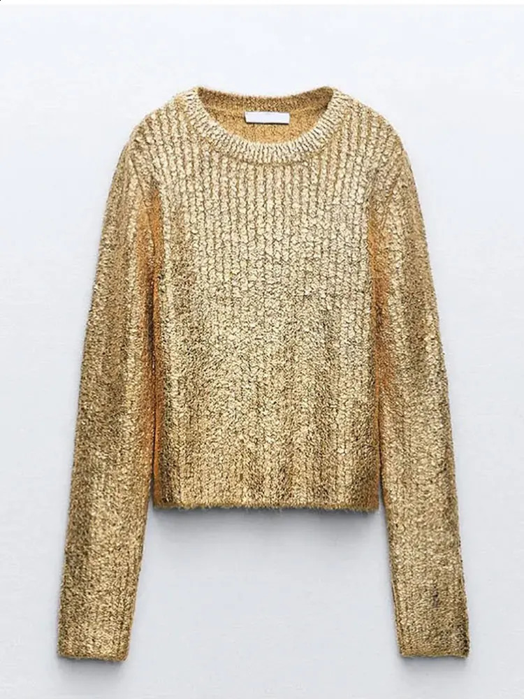 Fashion gold knitted womens sweater casual long sleeved pullout autumn elegant office loose jumper 241007
