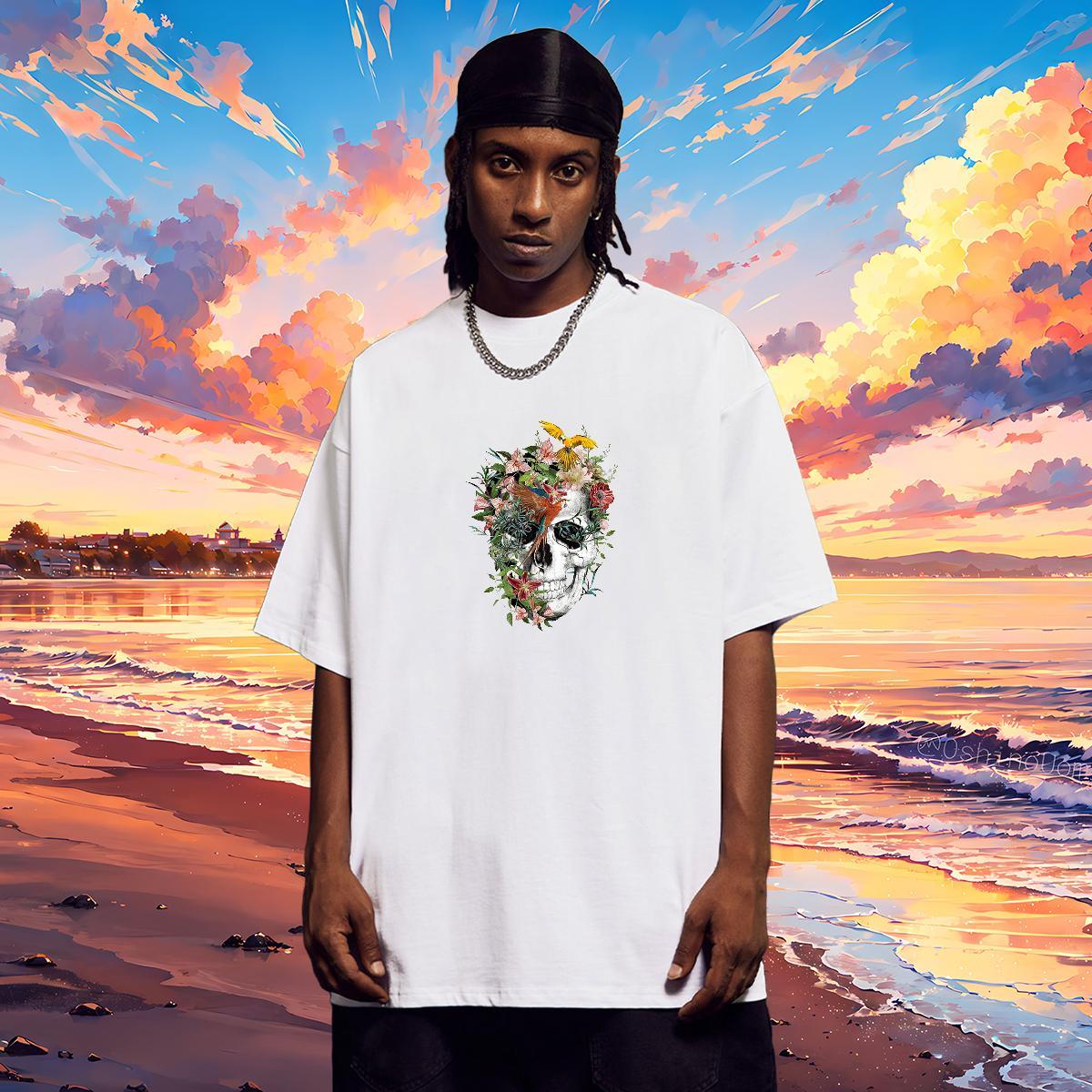 Comfortable T Shirt For Man 230g Cotton skull Casual Oversized 4XL Crew Neck Breathable Tshirt for Man Woman Stylist Clothings