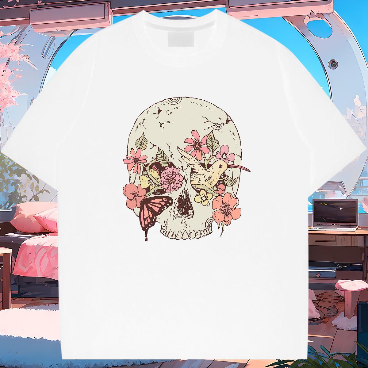Unisex T shirt 230g Pure Cotton skull High Street Hip Hop DIY Short Sleeve O-Neck Men Tshirts Classic Tees Shirts