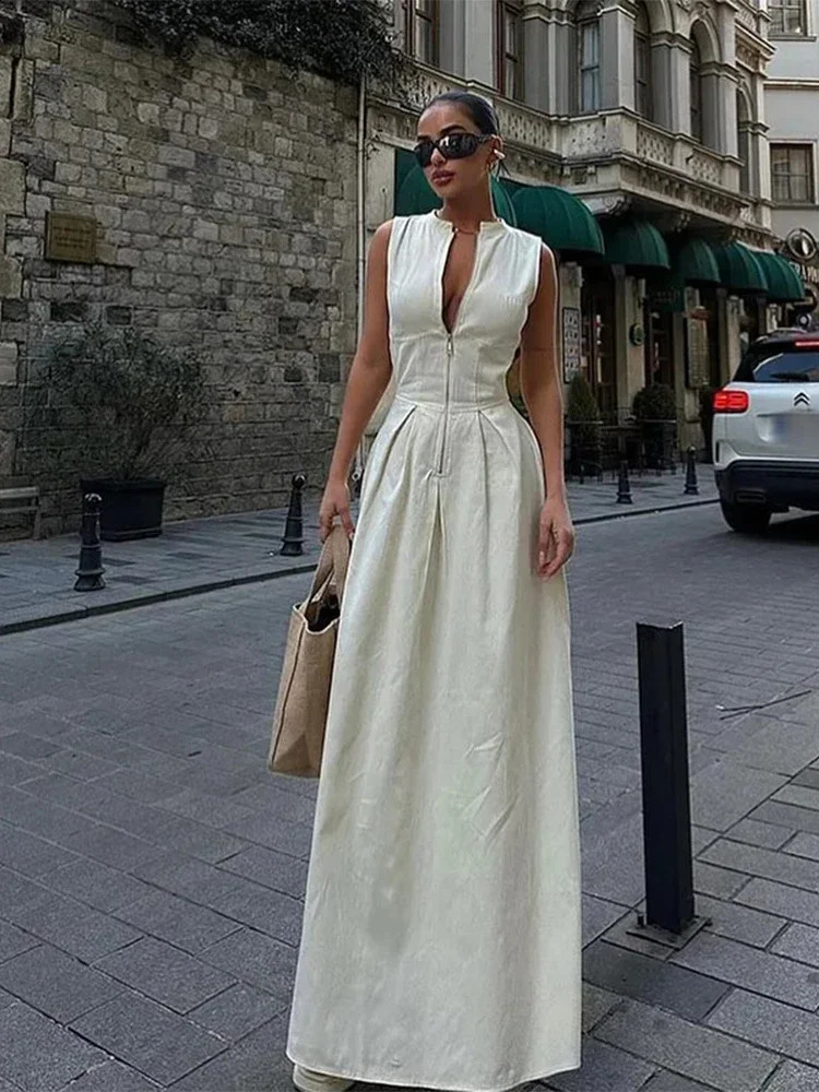 Women Elegant Zipper Sleeveless Maxi Dress Lady Fashion O Neck Cotton Linen High-waisted Dresses Female Chic Office Ladies Robes 240815