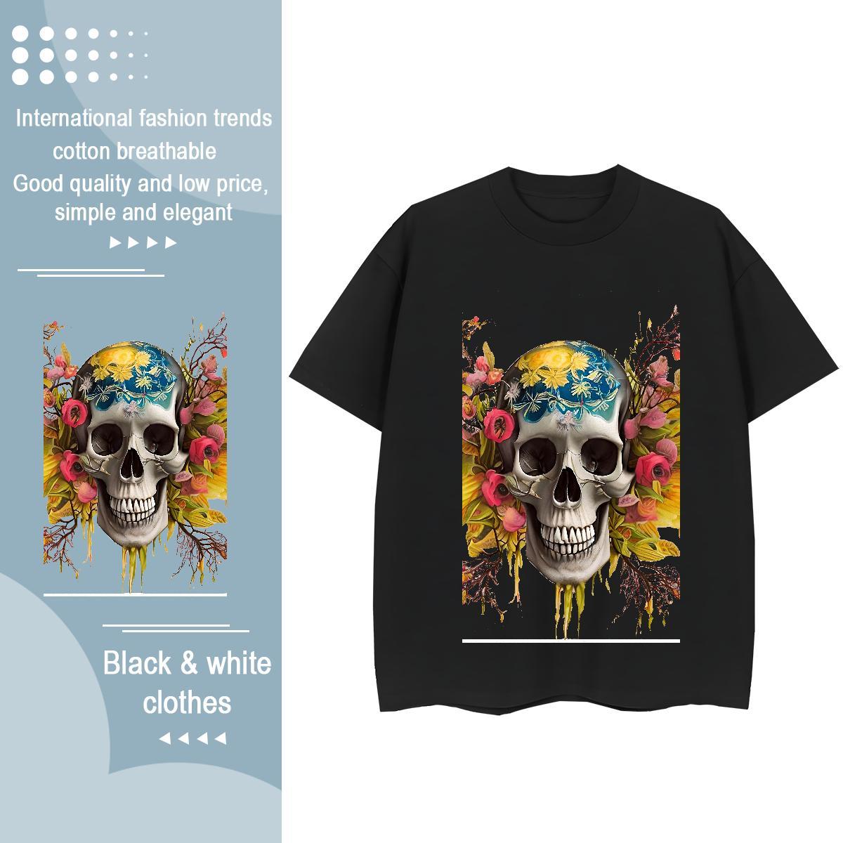 High Quality T Shirts Men 230g Cotton skull Summer Casual Black White Breathable Crew Neck Men Tops Tees New Designer Clothings