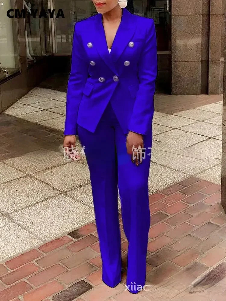 CM.YAYA Elegant Women Double Breasted Blazer Top Suit and Pants OL Two 2 Piece Set Outfits 240826