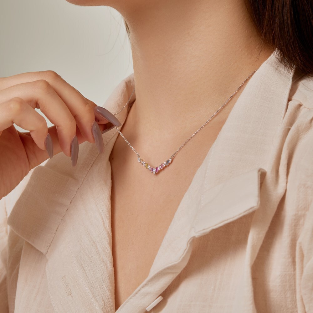 Japanese and Korean Light Series S Pure Sier collarbone Chain V-shaped Full Zircon Colorful Design Feeling Women's Necklace Batch