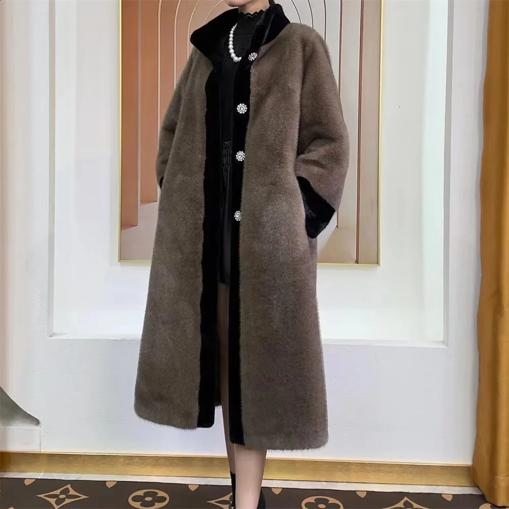 Elegant faux mink coat womens winter long jacket for middleaged and elderly mothers cashmere warm park black 240824