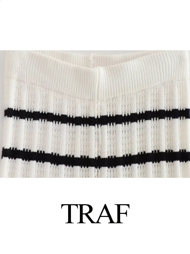 TRAF Women Fashion Summer 2 Pieces Set Black And White Striped V-Neck Lace-Up TopsKnitted High Waist Wide Leg Pants Female Suit 240826