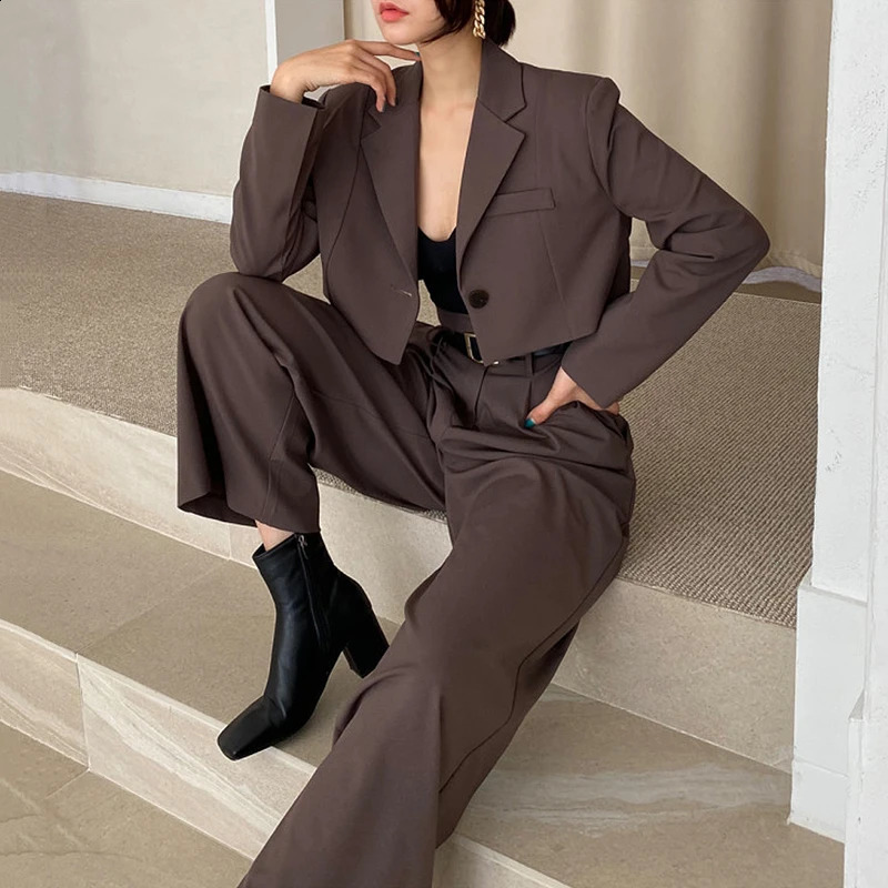 Office Lady Blazer Suits Vintage Two Piece Set Women Long Sleeve Short Blazer High Waist Wide Leg Long Pants 2 Piece Outfits 240826