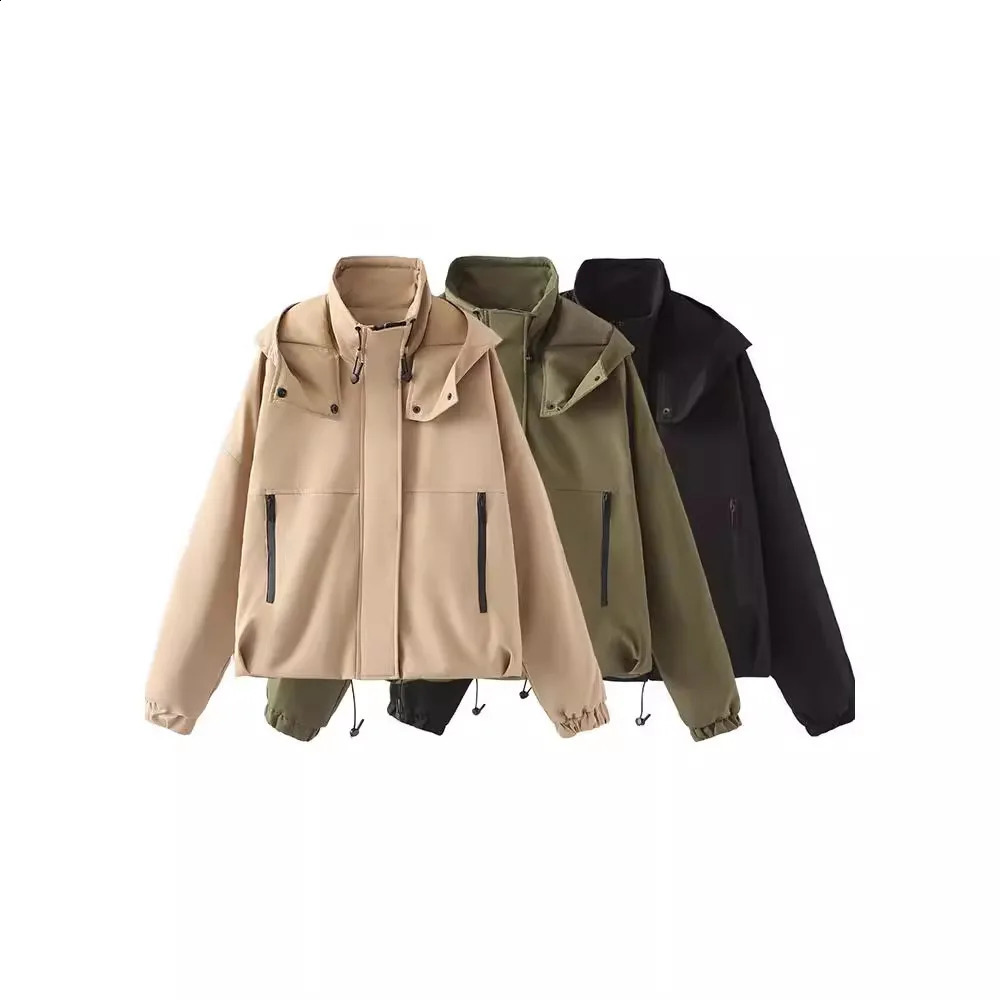 autumn and winter fashionable womens solid turtle neck hooded long sleeved pocket button zipper long sleeved short sleeved jacket 240826