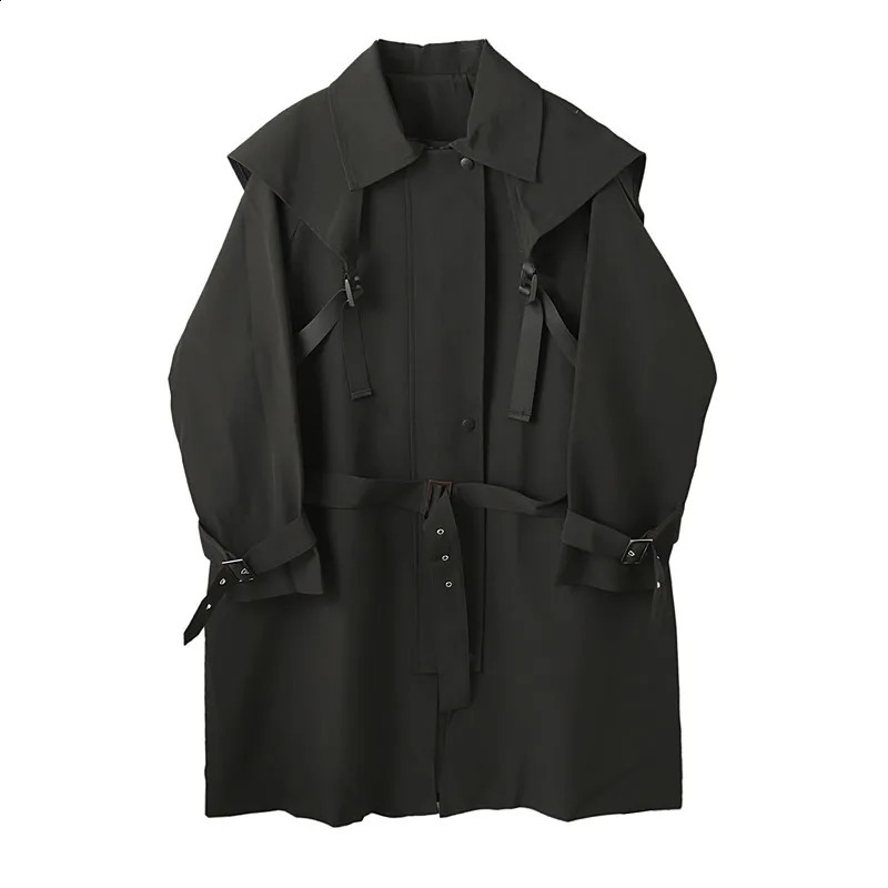 Men Functional Style Strap Casual Loose Trench Coat Male Japan Harajuku Streetwear Long Trench Jacket Windbreaker Outerwear 240826