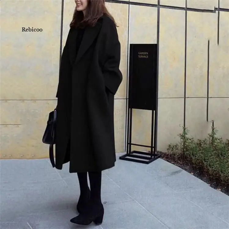 Winter Coat Women Wool Jacket Long Cotton Single Breasted Black Coats Women Outerwear Jacket Fashion Female Blends Overcoat 240826