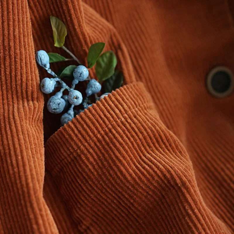 Harajuku Corduroy Jackets Korean Cute Solid Color Long Sleeve Lapel Neck Ngle-breasted Casual Double Pocket Cardigan Coat 240826