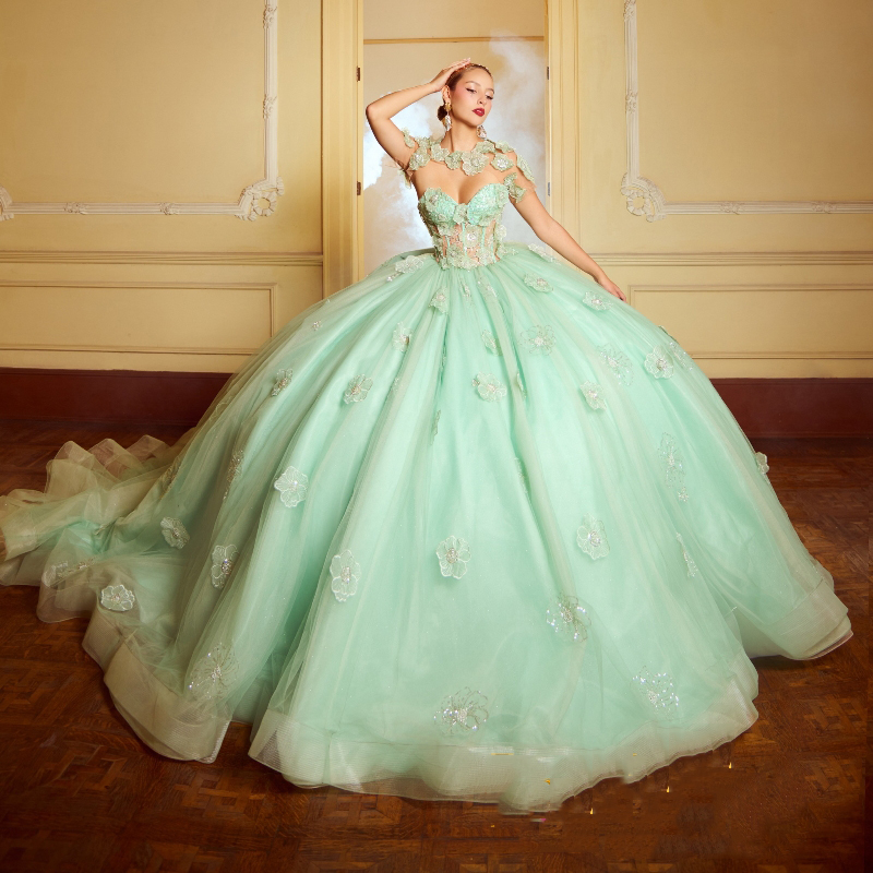 Light Green Quinceanera Dresses Ball Gown 3D wers Applique Beading Tull Corset Sweet 16 Vestido De 15 Anos