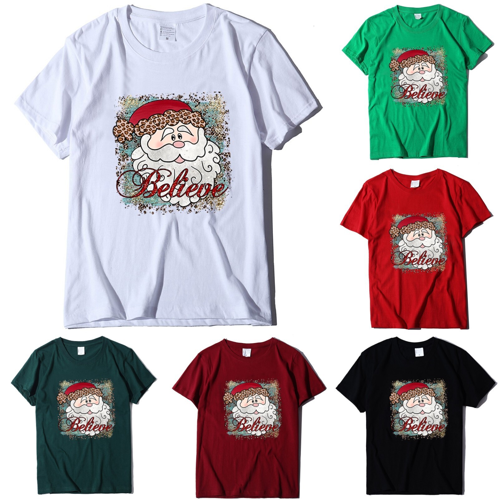 New Believe Pattern Printed Casual Short Sleeve Christmas Women's T-shirt Round Neck dongdumaoyi