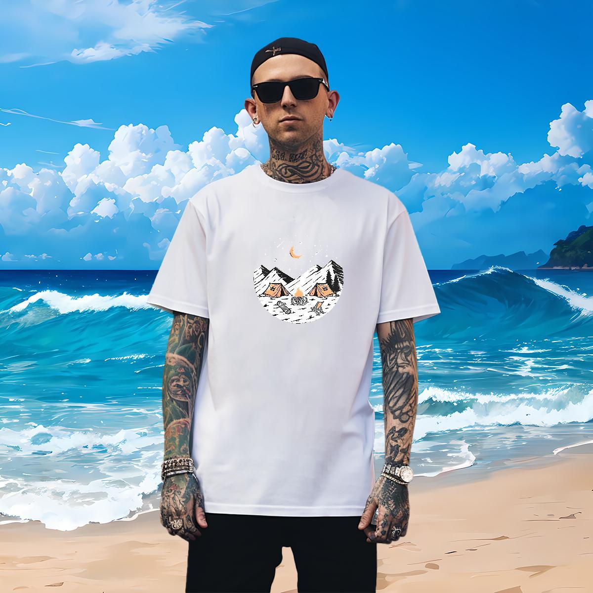 Classic Mens T Shirts 230g 100% Cotton mountains Street wear Hip Hop Anime Breathable Short Sleeve Men Tops Tees Fashion New Clothes