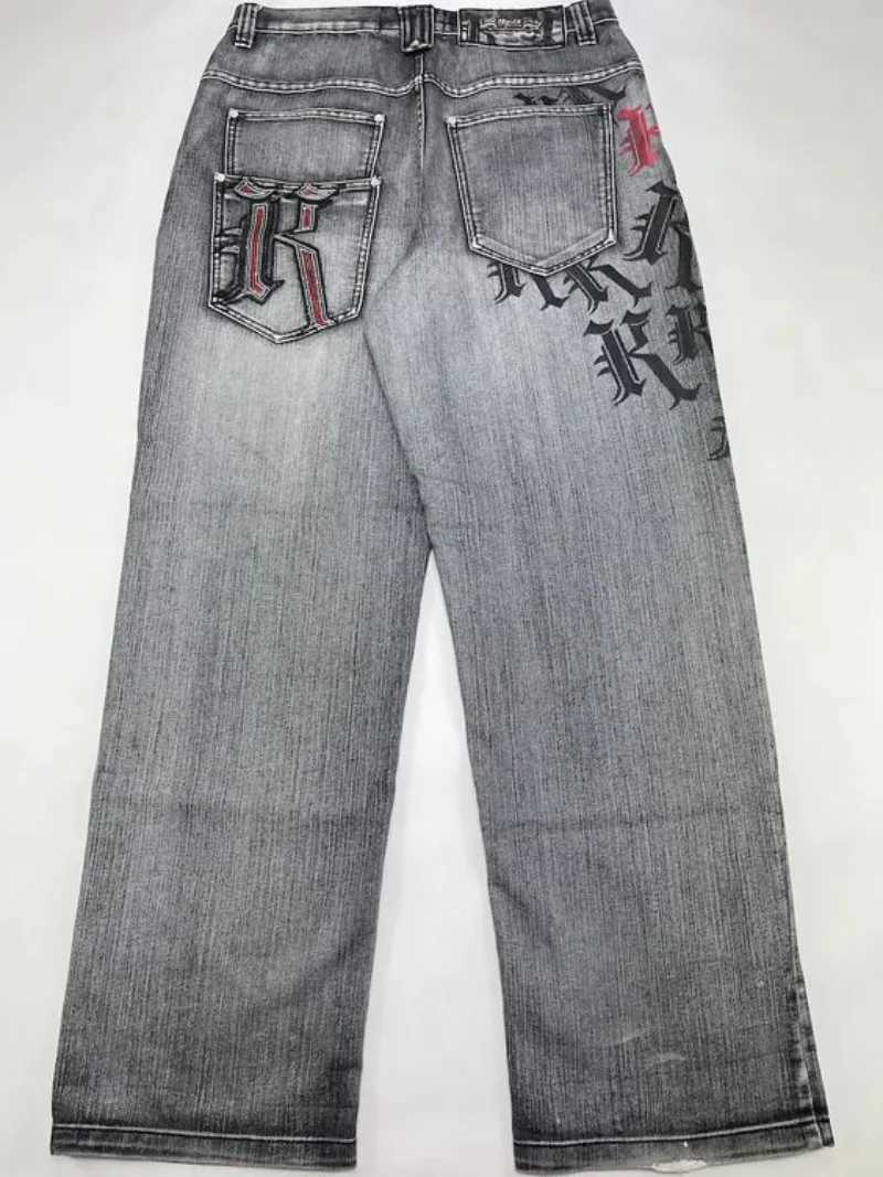 2024 New American Harajuku Retro Printed Jeans Y2K Womens Washed Grey Straight Pants Street Gothic Loose Unisex Trouser Tide X250220