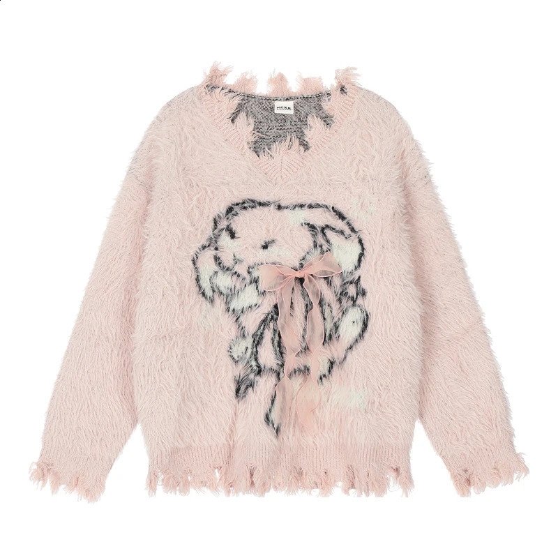 Womens Print Mohair Pullover Sweater Aesthetic Y2k Elegant Vintage Long Sleeves Bow Knitted Jumper Sweater 2000s Clothes Autumn 240824