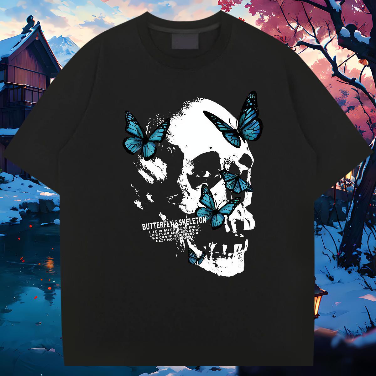 Comfortable T Shirts Men 230g Pure Cotton skull Hip Hop Street Anime Print Short Sleeve O-Neck Men Clothes T-Shirt New Arrival Top Tees