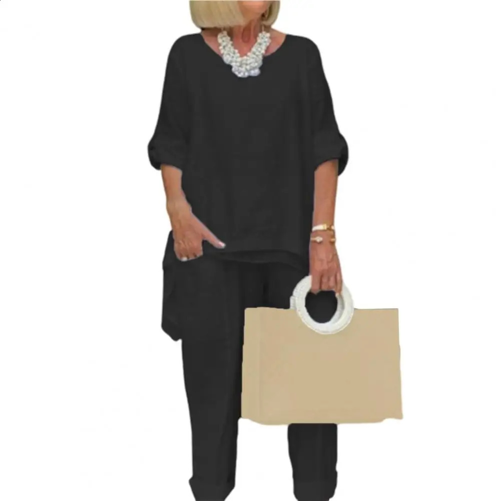 Two Piece Women Set Linen T-shirt Pants Solid Color Irregular Hem Elegant Suit Loose Women Outfit Summer 240826