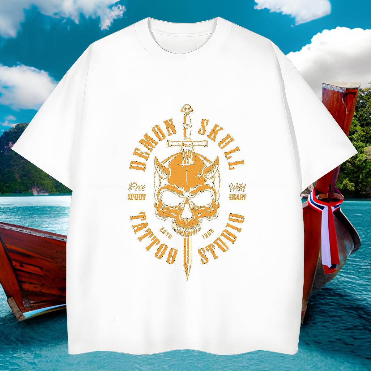 Designer T Shirts Men 230g Cotton skull Casual Plus Size Custom Round Neck Short Sleeve Mens Tshirts Stylist Tops Shirt