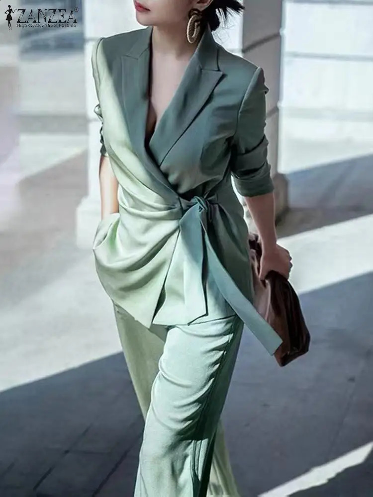 ZANZEA Fashion OL Tracksuits 2PCS Long Sleeve Lapel Neck Blazer Wide Leg Pants Autumn Casual Loose Suit Elegant Party Outifit 240826