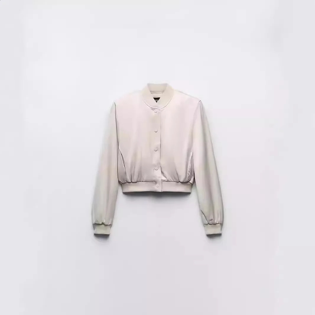 Womens Autumn Silk and Satin Texture Bomber Jacket Round Neck Long Sleeve Satin Bomber Jacket Womens Casual Jacket 240826