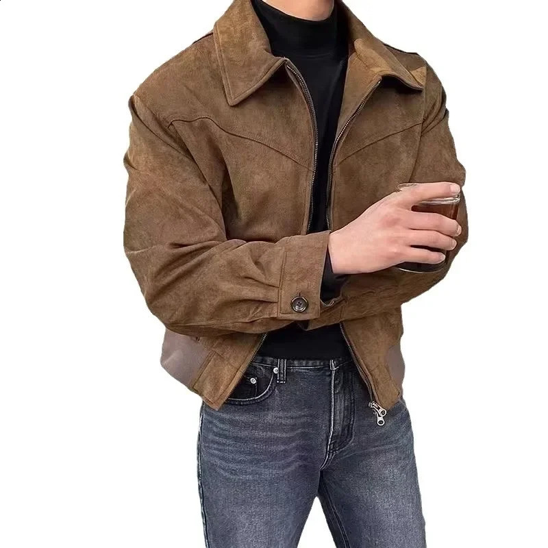 Maillard Vintage Mens Jacket American Style Brown Coffee Color Chamois Leather Velvet Cropped Aviation Jacket For Spring Autumn 240824