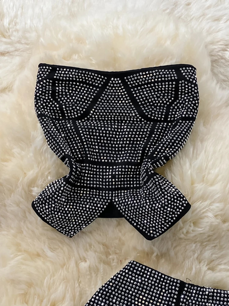 Sexy Women Black/White Diamonds Two Piece Set Party Slash Neck Off Shoulder Camis Tops High Waist Pants Female Suit Autumn 240826