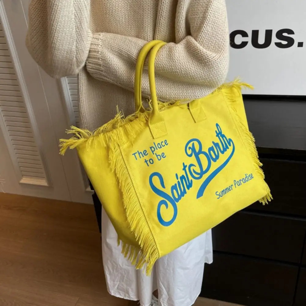 Tassel Women Canvas Bag Large Capacity High Quality Beach Tote Bag Letter Simple Style Casual Shoulder Bag Travel 240826