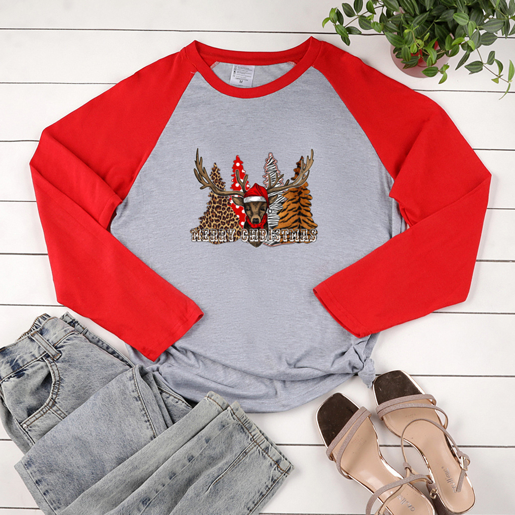 New autumn long sleeved leopard forest elk print shoulder length two-color top dongdumaoyi
