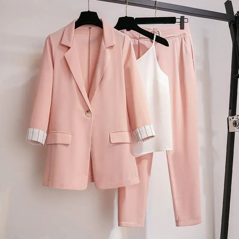 Korean Style Summer Thin Jacket Blazer Casual Wide Leg Pants Two-piece Elegant Womens Pants Set Office Business Suit Outfits 240826