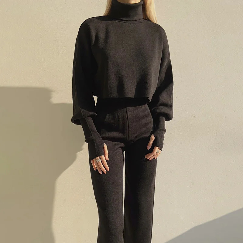 Autumn Winter Solid Ribbed Knitted Set Women Casual Turtleneck Pullover Pants Homewear Suit Retro Two Piece Outfits with Glove 240826