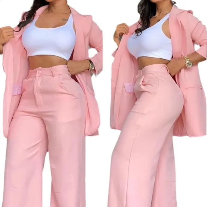 Woman Elegant Blazer Sets Autumn Fashion Womens Notched Collar Coat Pocket Pants Set Work Commuting Two Piece Suit 240826