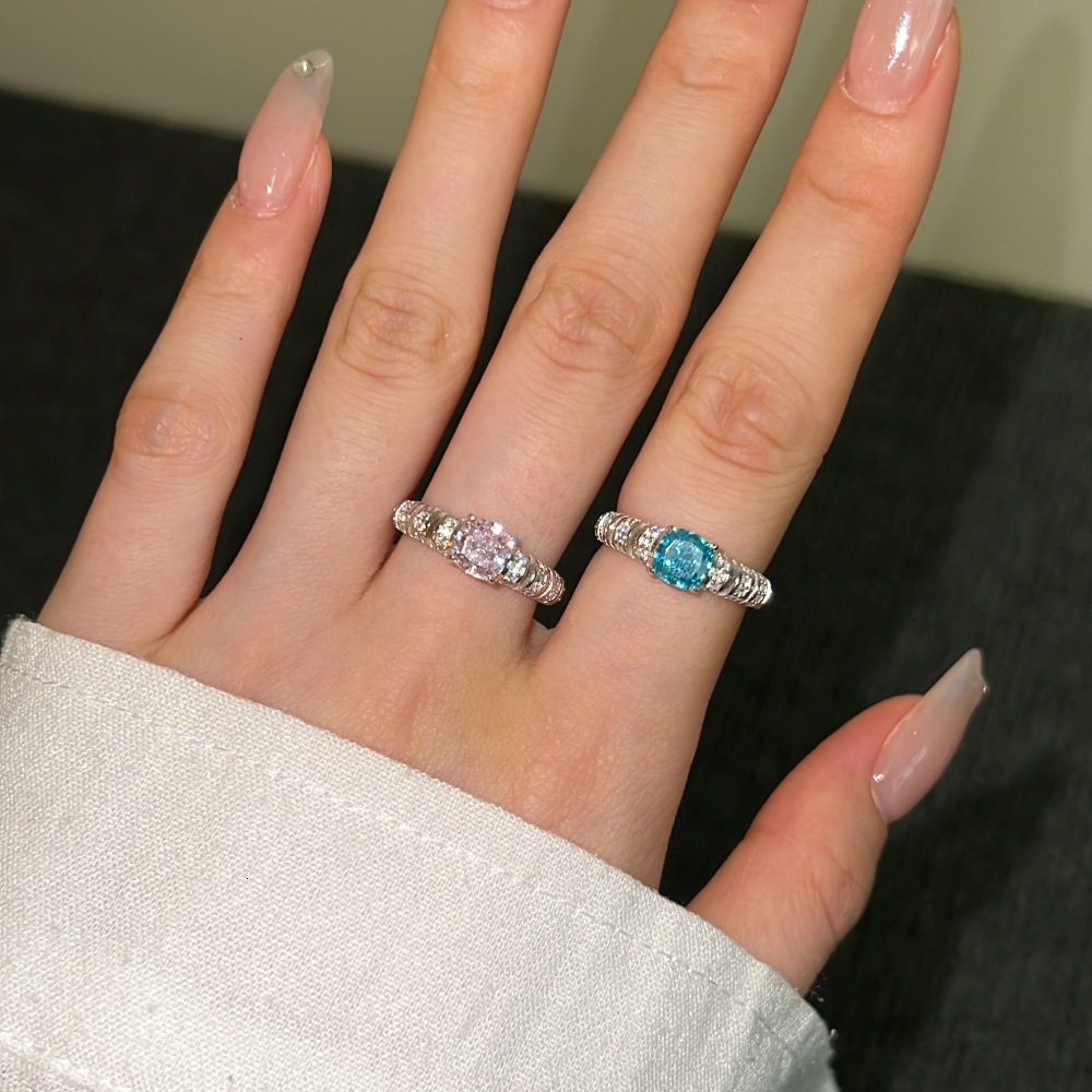 S pure sier ring, women's high-end feeg, blue pink ice wer cut zircon fashionable geometric heart ring