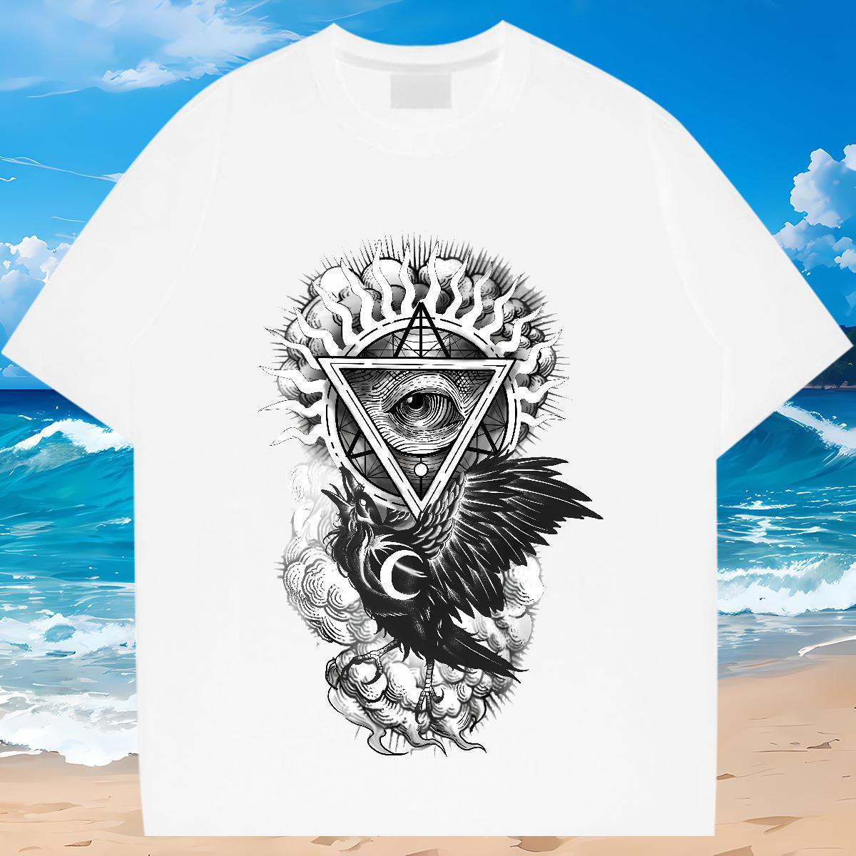 High Quality T Shirts Men 230g Pure Cotton eye of the devil Street wear Hip Hop DIY Printed Crew Neck Breathable Mens Tshirts Casual New Top Tees