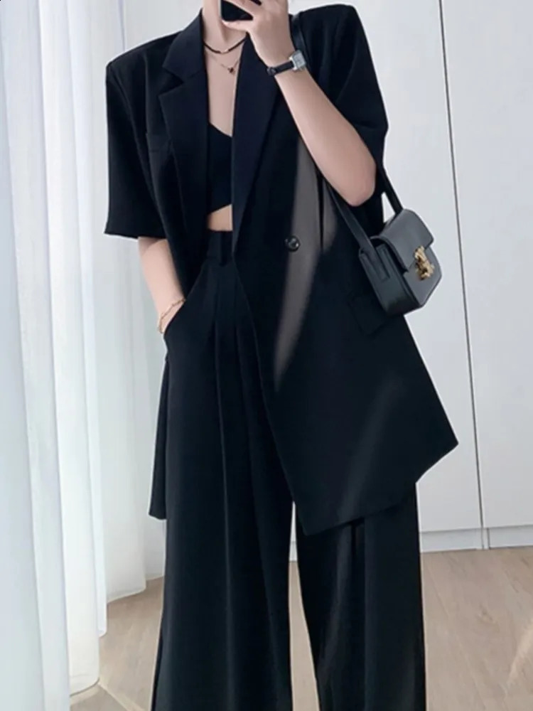 Short Sleeve Wide Leg Pants Blazer Suit Two Piece Set Summer Fashion Work Business Casual Female Clothes 240826