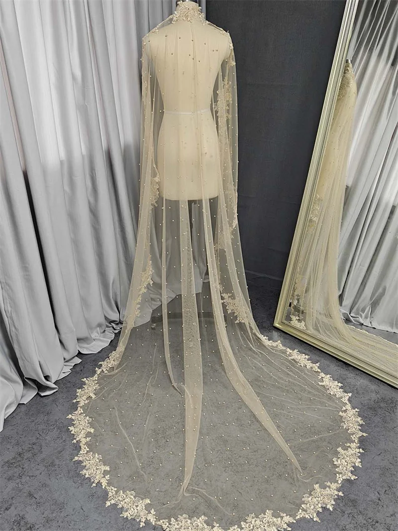 Mantilla Pearls Wedding Veil with Hidden Comb 3m Lace Appliques Bridal Veil Mantilla Veil Wedding Accessories Custom Made