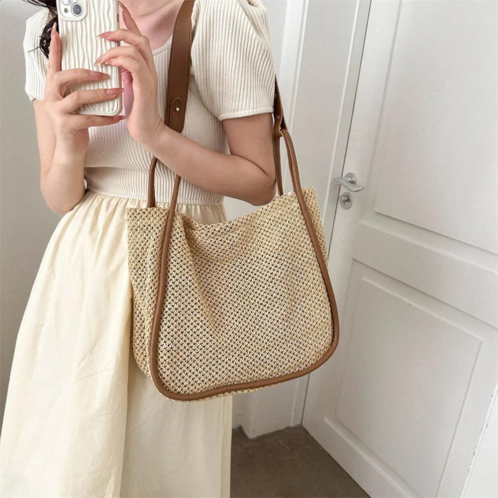 Women Fashion Beach Tote Bag Soft PU Leather Woven Shoulder Hollow Out Composite Large Capacity with Wallet Shopping 240826