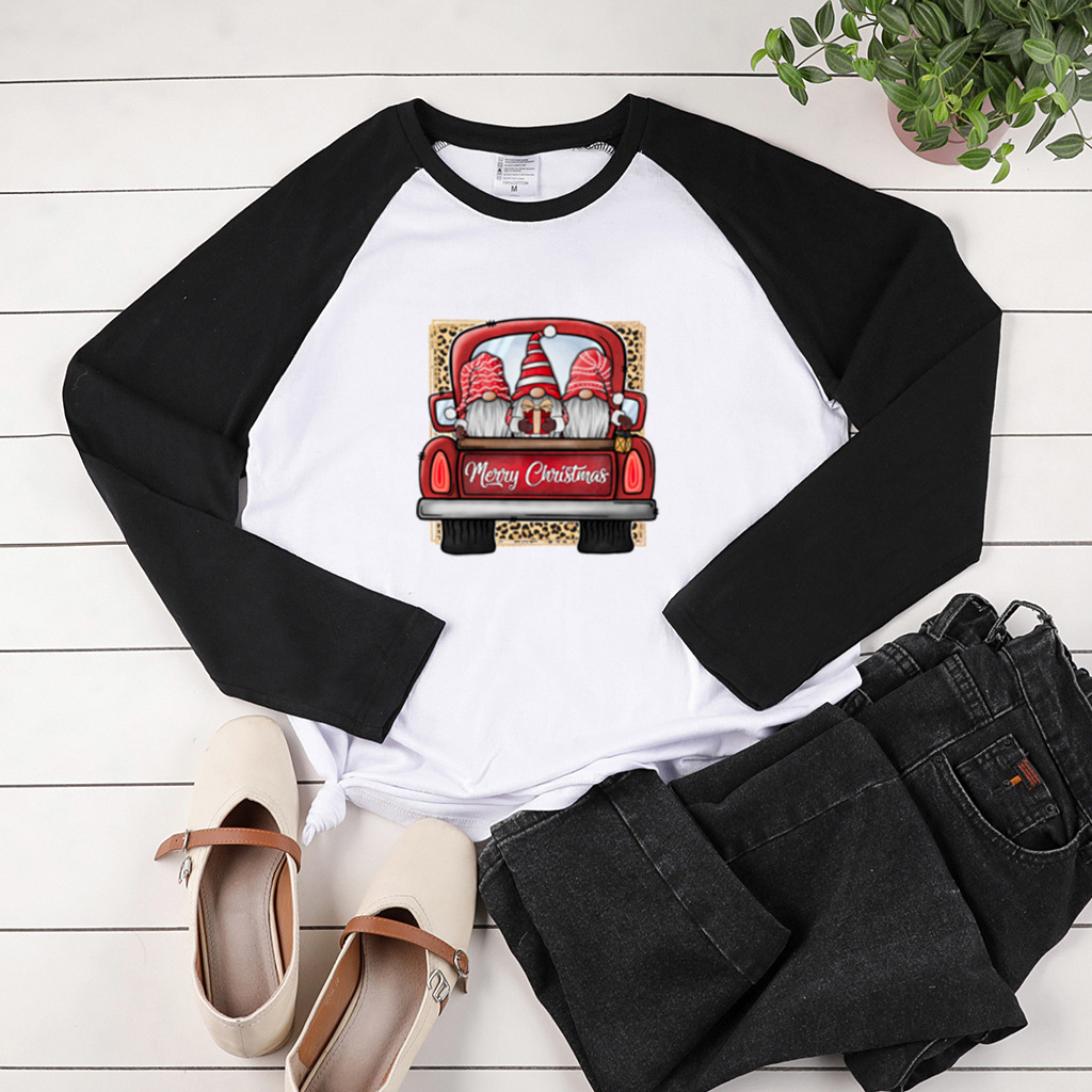 Christmas style shoulder length long sleeved new product with three Santa Claus driving print, early autumn contrasting top dongdumaoyi