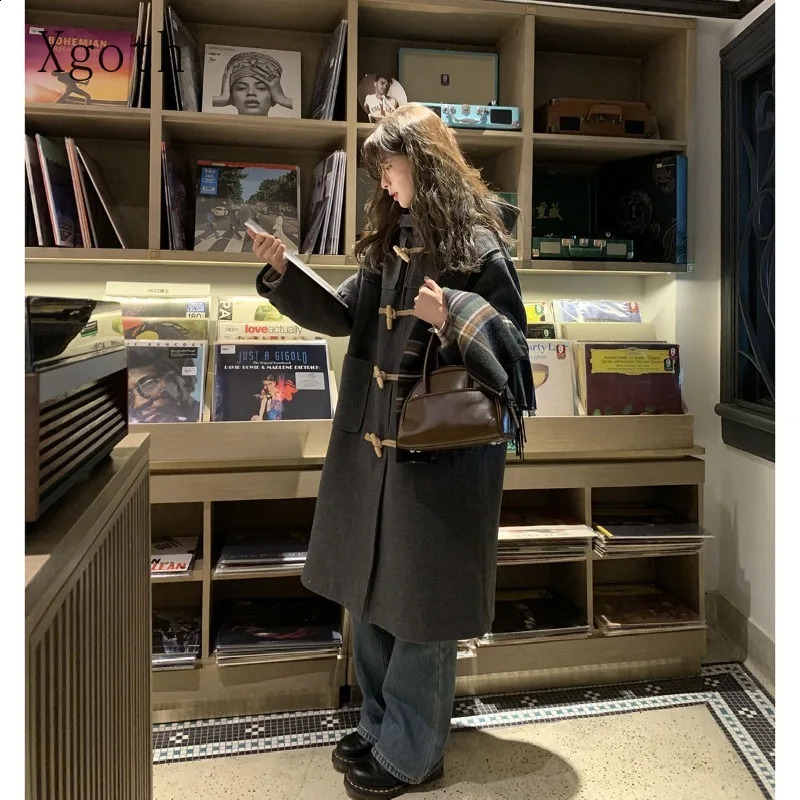 Xgoth Womens Tweed Coat Winter Korean Fashion Mid-length Coats Vintage Horn Button Hooded Loose Solid Jackets Casual Female Top 240826