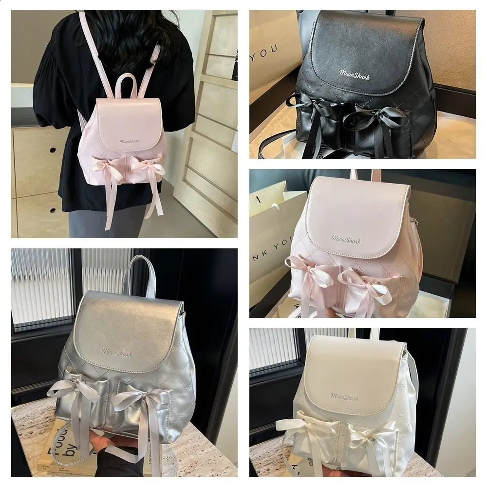 Korean style bow backpack ballet style double bow nylon handle Knapsack large capacity solid color Y2k school travel bag 240912