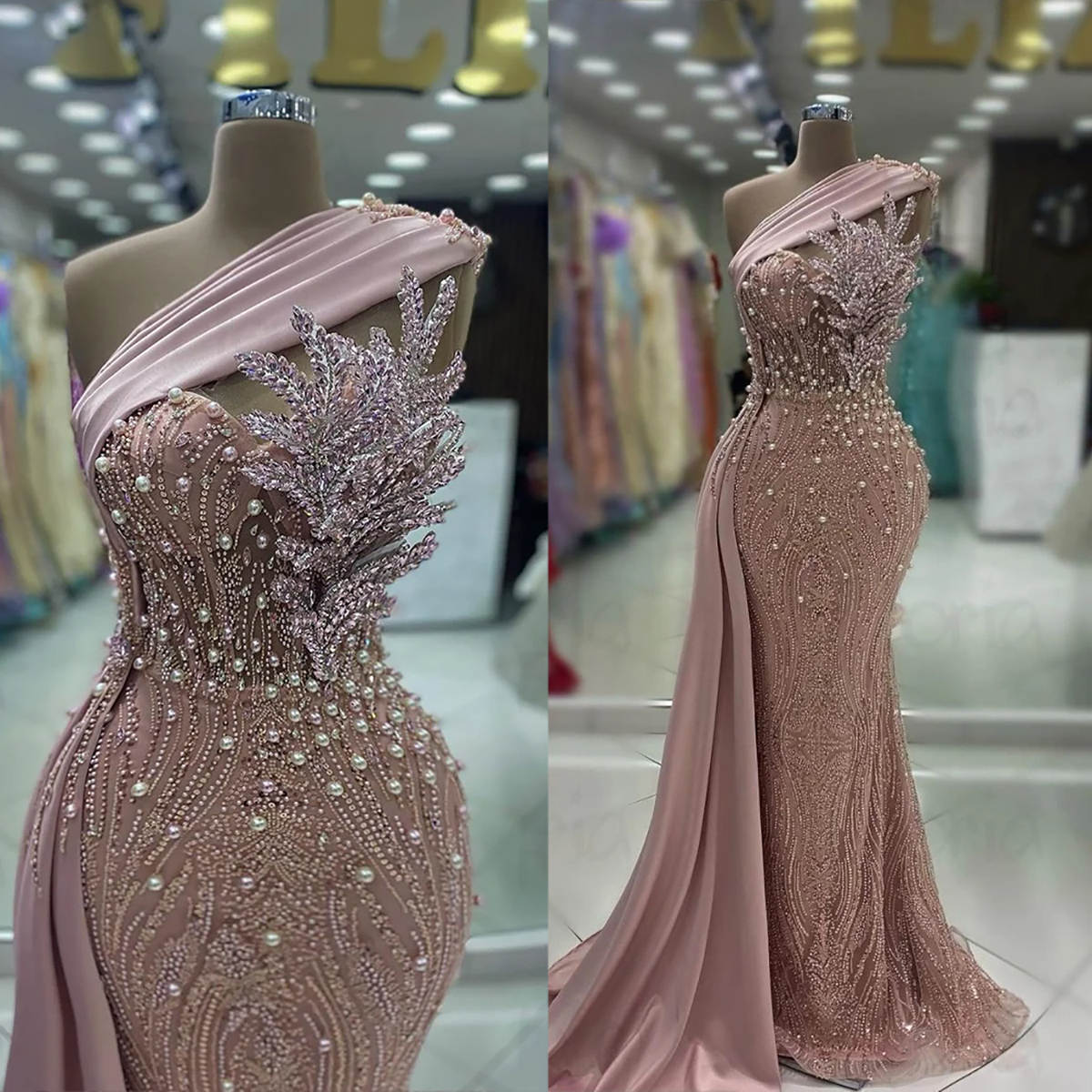 Mermaid Prom Dresses Pearls Sequins Lace Beads Sleeveless Detachable Train Backless Custom Made Plus Size Shining Party Evening Dress Vestido De Noite