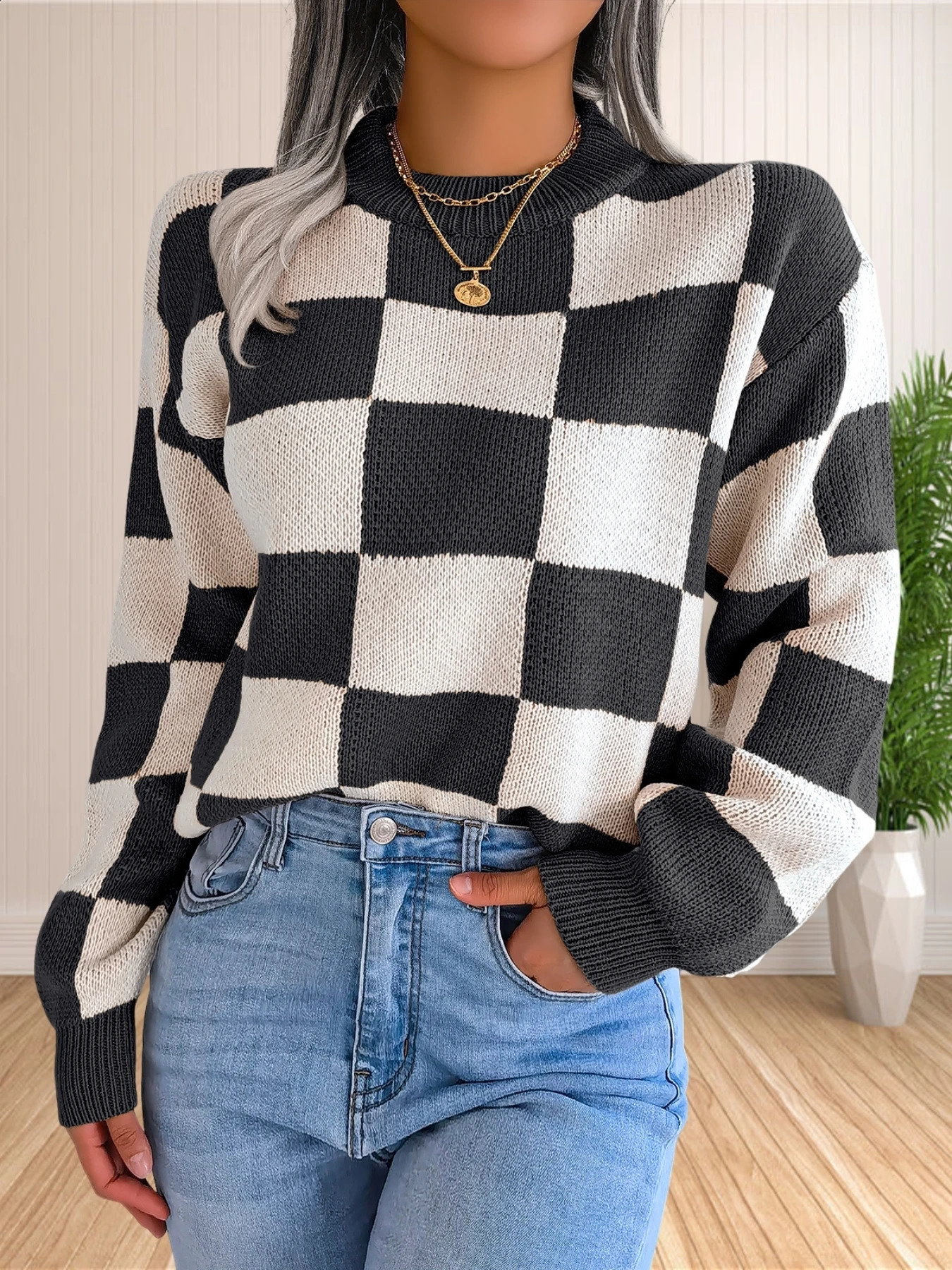Womens colorful checkered staff collar long sleeved Y2K plain weave knitted pullover sweater top retro prefabricated style knitted top 240826