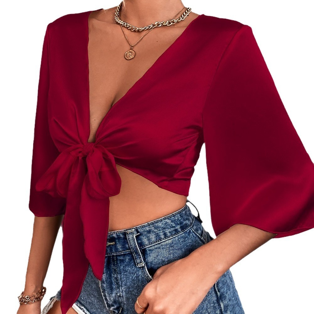 Womens Hot Selling V-neck Tied Open Chest Short Shirt