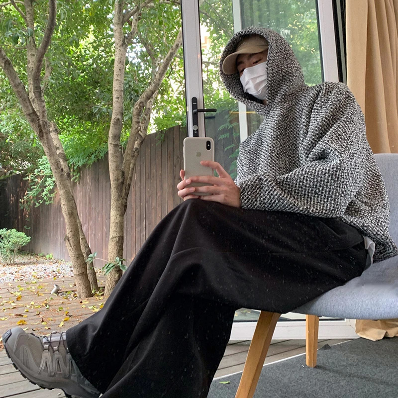 Autumn Clothing Mens Harajuku Texture Hooded Sweatshirt Casual Fashion Long Sleeve Vintage Pocket Hoodie 240826