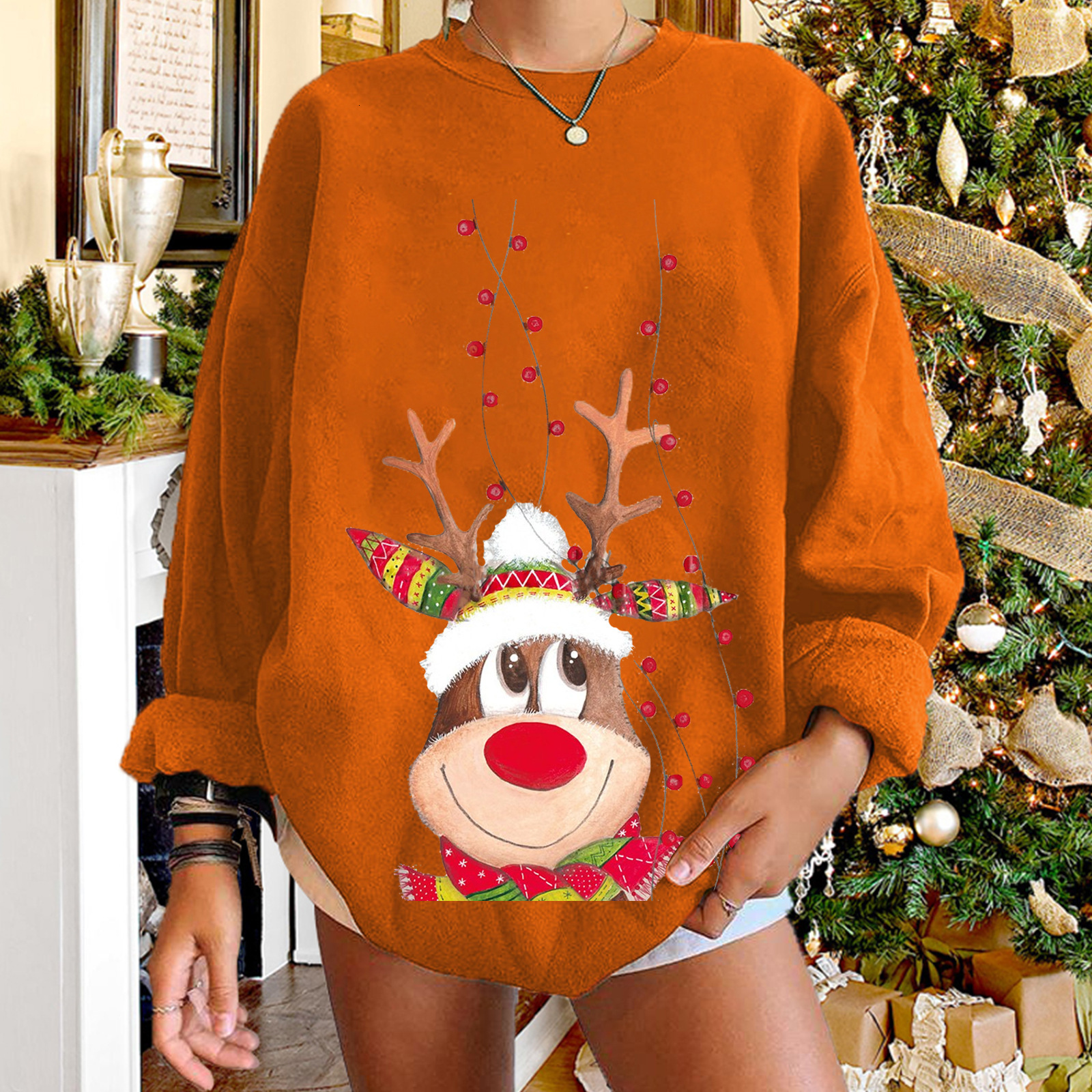 Ins style 2 cute reindeer hoodies with printed women's shoulder down, plus size round neck fleece hoodie for women dongdumaoyi